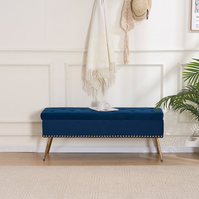 Velvet Storage Ottoman Bench with gold legs and Nailhead Trim for Bedroom/End of Bed/Entryway/Window - Navy-46" Wide