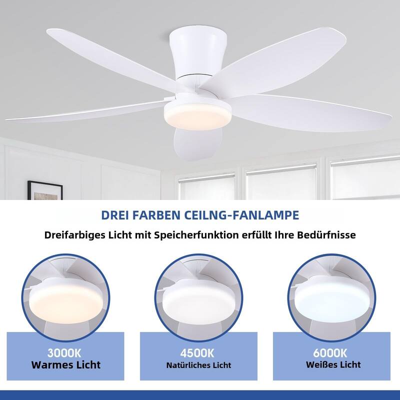 36"/42"/48" Low Profile Ceiling Fan with ABS Blades 3 Color LED Flush Mount for Bedroom Living Room APP and Remote Control