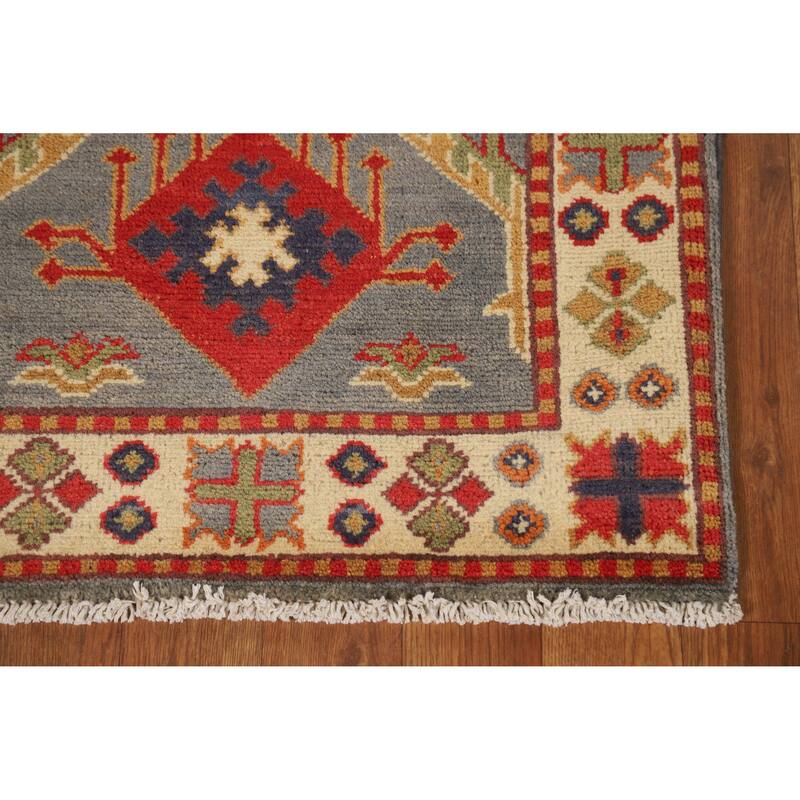 Gray Geometric Kazak Oriental Foyer Rug Handmade Wool Carpet - 2'0"x 3'0"