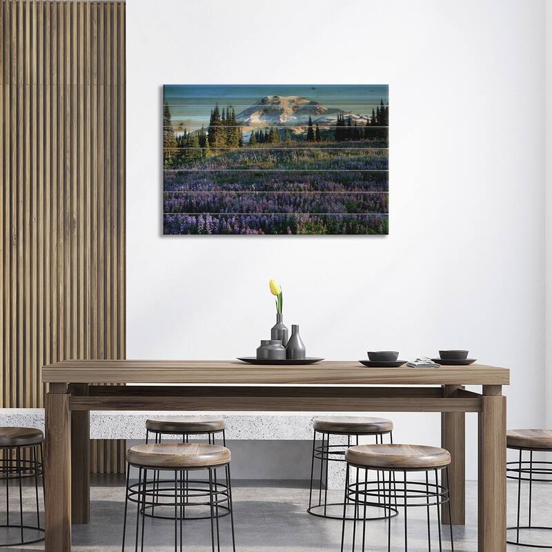 Snow-Covered Mount Rainier With A Wildflower Field In The Foreground, Washington, USA Print On Wood by Jamie & Judy Wild