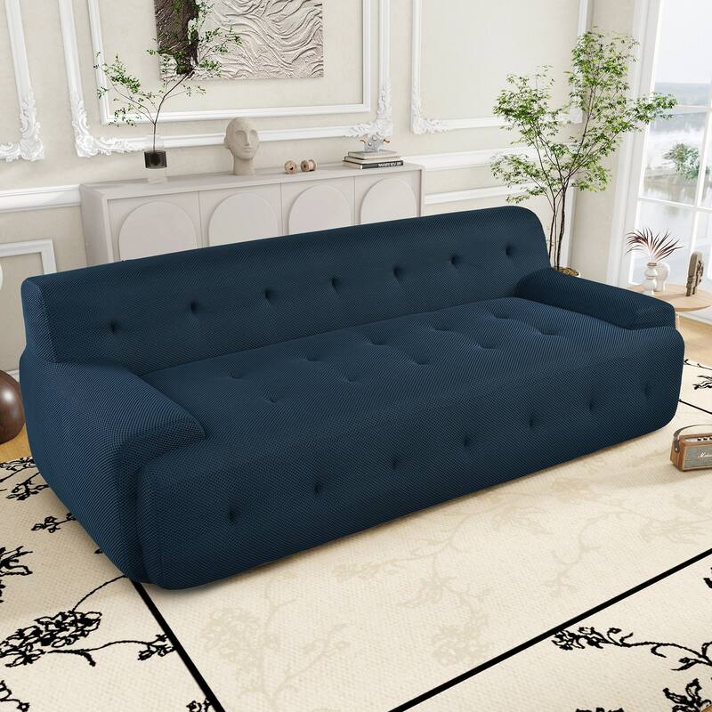 86.2'' Modern Minimalist Style Tufted Design Upholstered 3-Seat Compression Sofa in Dark Blue, Polyester
