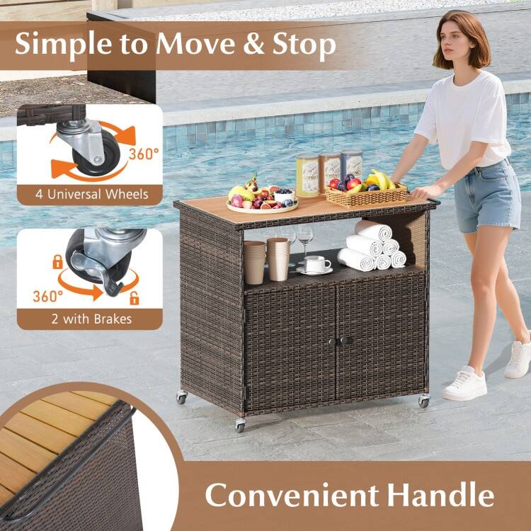 Mix Brown PE Rattan and Acacia Wood Outdoor Storage Cabinet with Wheels - 37.5" × 21" × 33.5"