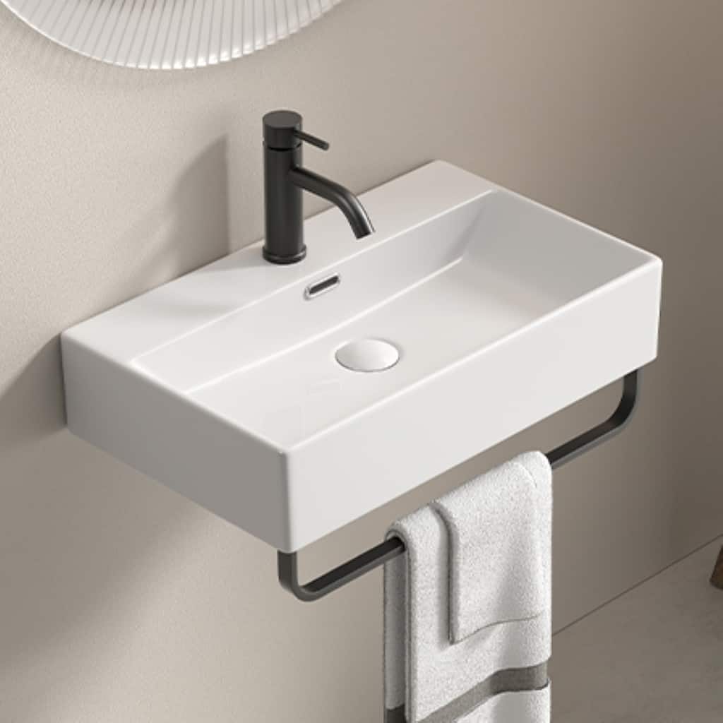 GDFStudio - Vale Modern Ceramic Wall Mounted Vessel Sink with Integrated Towel Bar and Faucet Hole