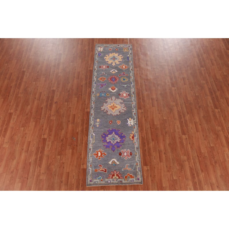 Hand Knotted Oriental 100% Wool Carpet Transitional Floral Greys & Charcoal Oushak Runner Rug - 9' 10'' X 2' 8''