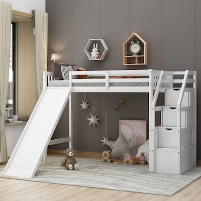 Twin Size Loft Bed with Storage & Slide