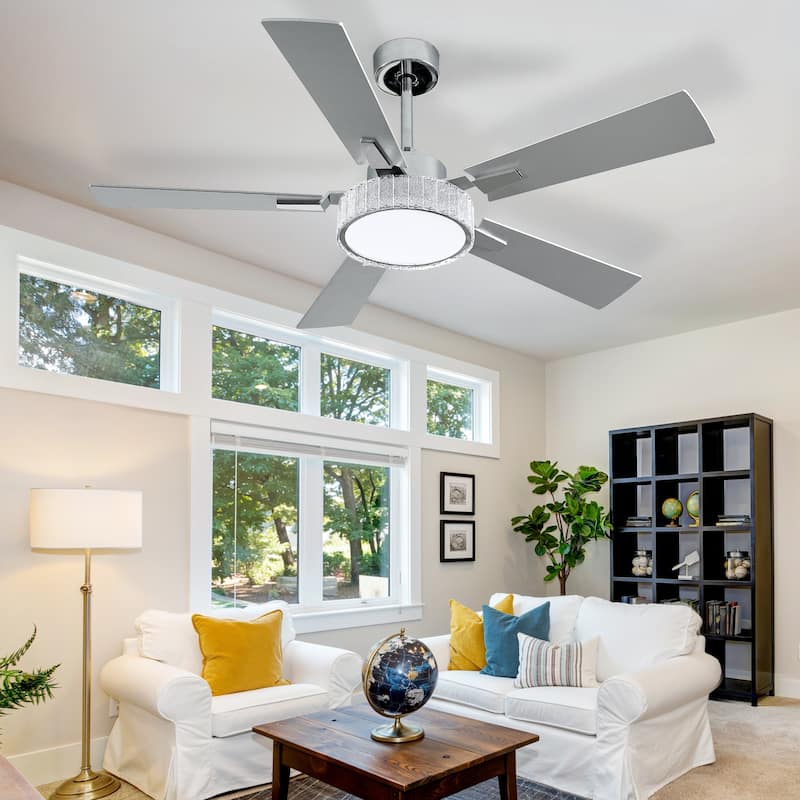 Moasis 52 Inch 5-Blade Crystal Chandelier Ceiling Fans with Lights and Remote Control - 52 Inches - Silver
