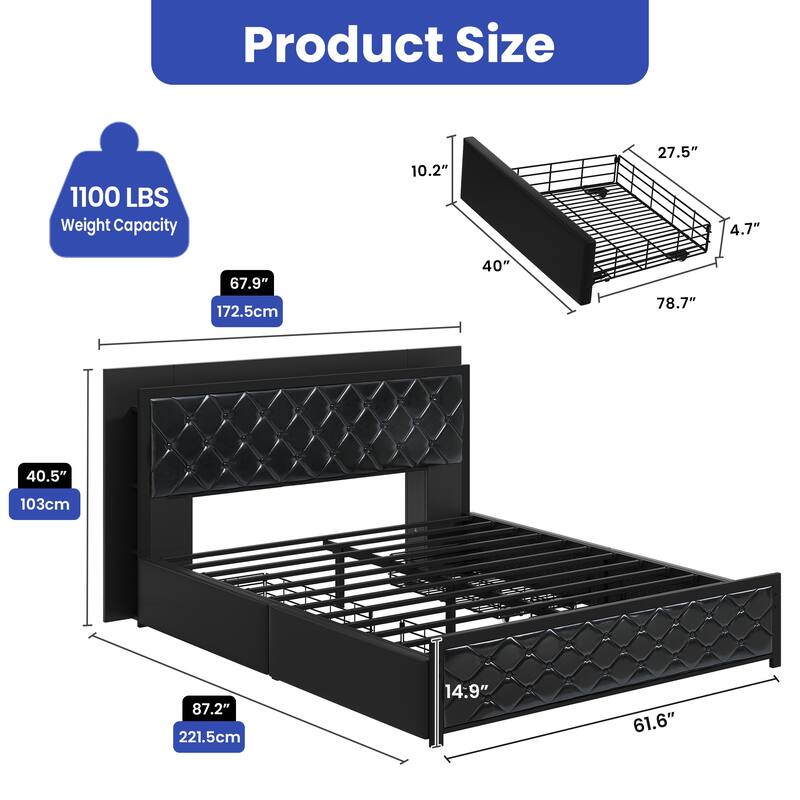 Moasis Queen Bed Frame with Headboard & 4 Storage Drawers, Modern Upholstered Faux Leather Platform Bed