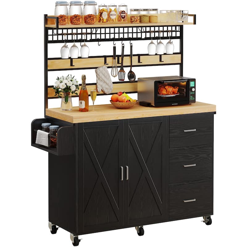 Moasis Rolling Kitchen Island Storage Shelf Mesh Panel with 3-Drawer Hooks Spice Rack Glass Holder - Brown/Black
