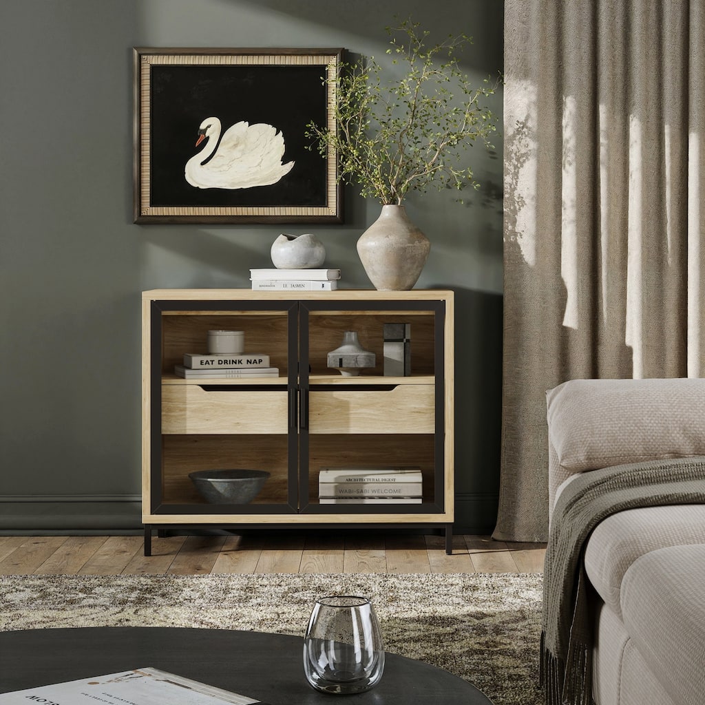 Mackenna Metal and Glass Sideboard Accent Cabinet with Two Doors, Oak Credenza for Kitchen or Living Room
