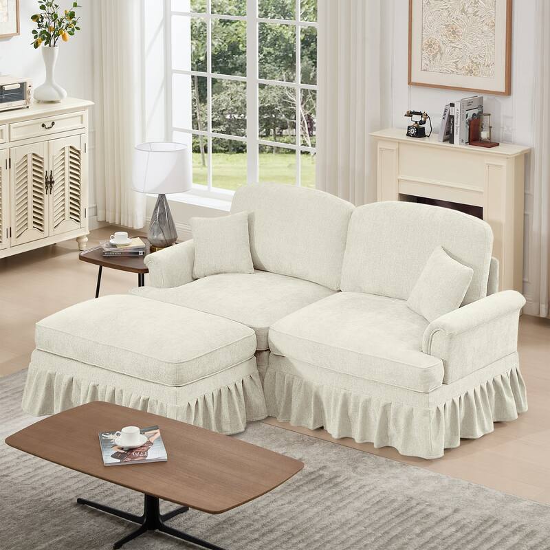 2-Seater L Shaped Sofa Couch, Lounge Sofa with Removable Ruffles Pleats Skirts, Loveseat Sofa with Movable Ottoman