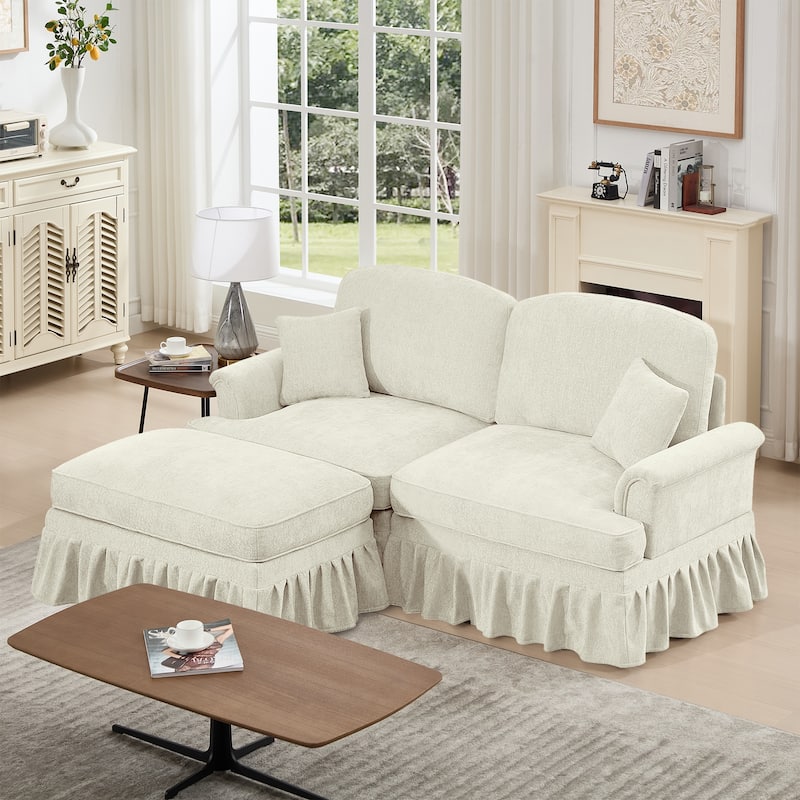 76.4" L Shaped 2-Seat Sectional Sofa, Chenille Couch with Ottoman, Flared Arms Loveseat with Removable Ruffles Pleats Skirts