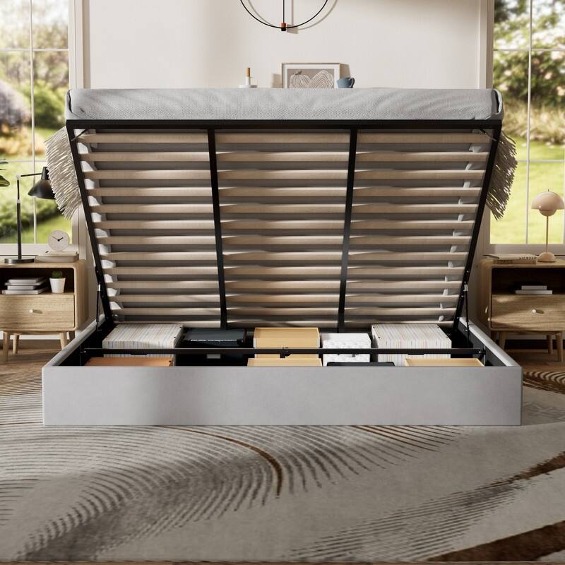 Plywood Frame Upholstered Platform Bed with Lift-up Storage Supported by Metal and Wooden Slats