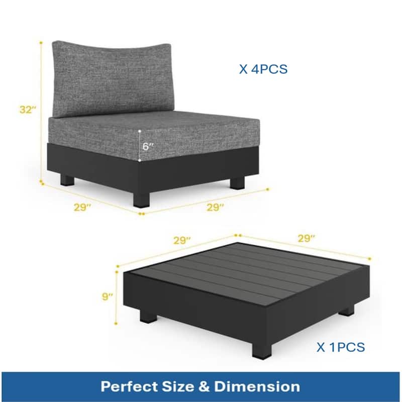 5-Piece Gray Aluminum Patio Sectional Set with Modular Chairs and Coffee Table