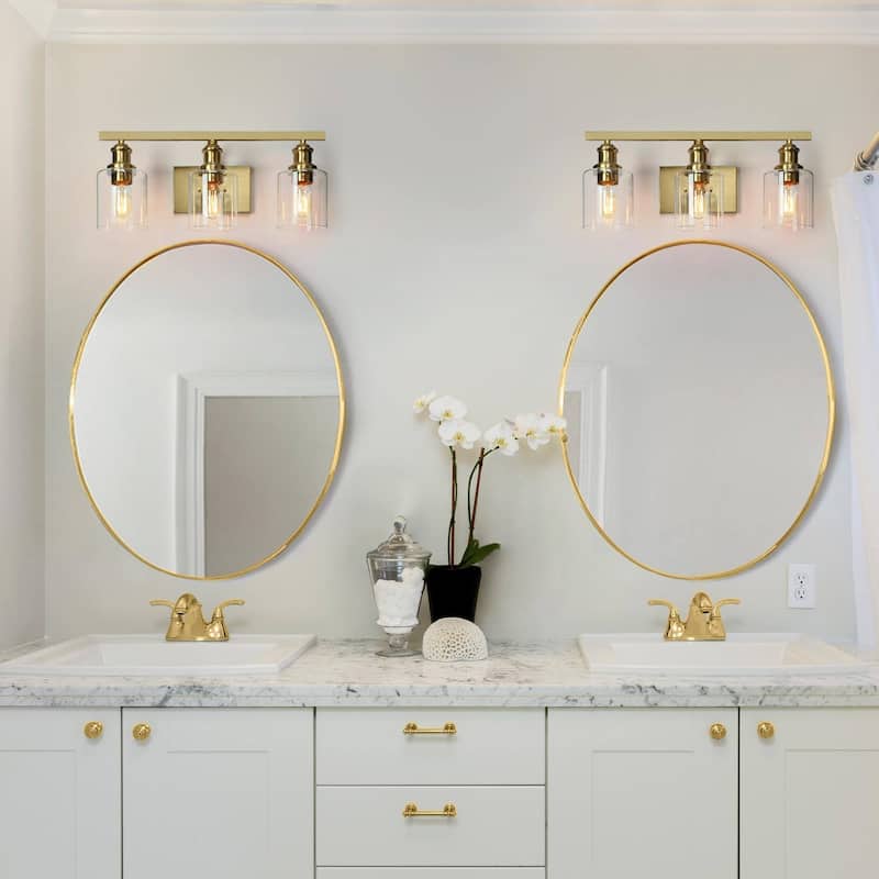 Oriva Modern 3-Light Gold Wall Sconce Cylinder Clear Glass Bathroom Vanity Light - Brushed Electroplated Copper - W22"xD6.5"xH9"