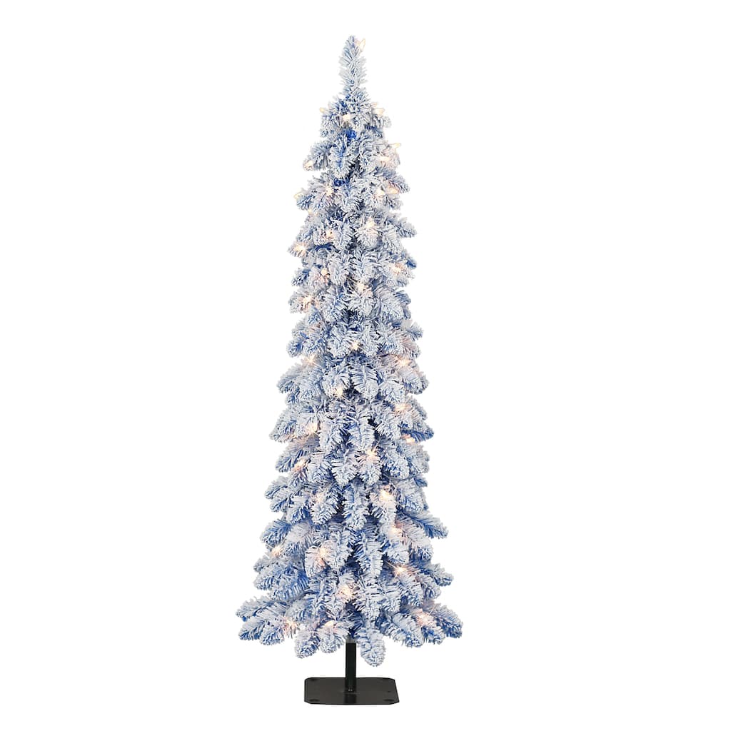 Puleo International 4 ft. Pre-Lit Flocked Blue Artificial Alpine Pencil Tree