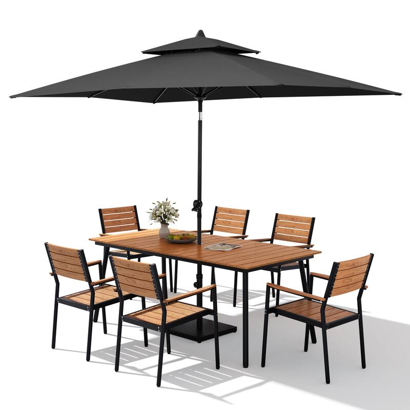 9PC Outdoor Patio Dining Set Aluminum Table with Stackable Armchairs w/ Market Umbrella Set