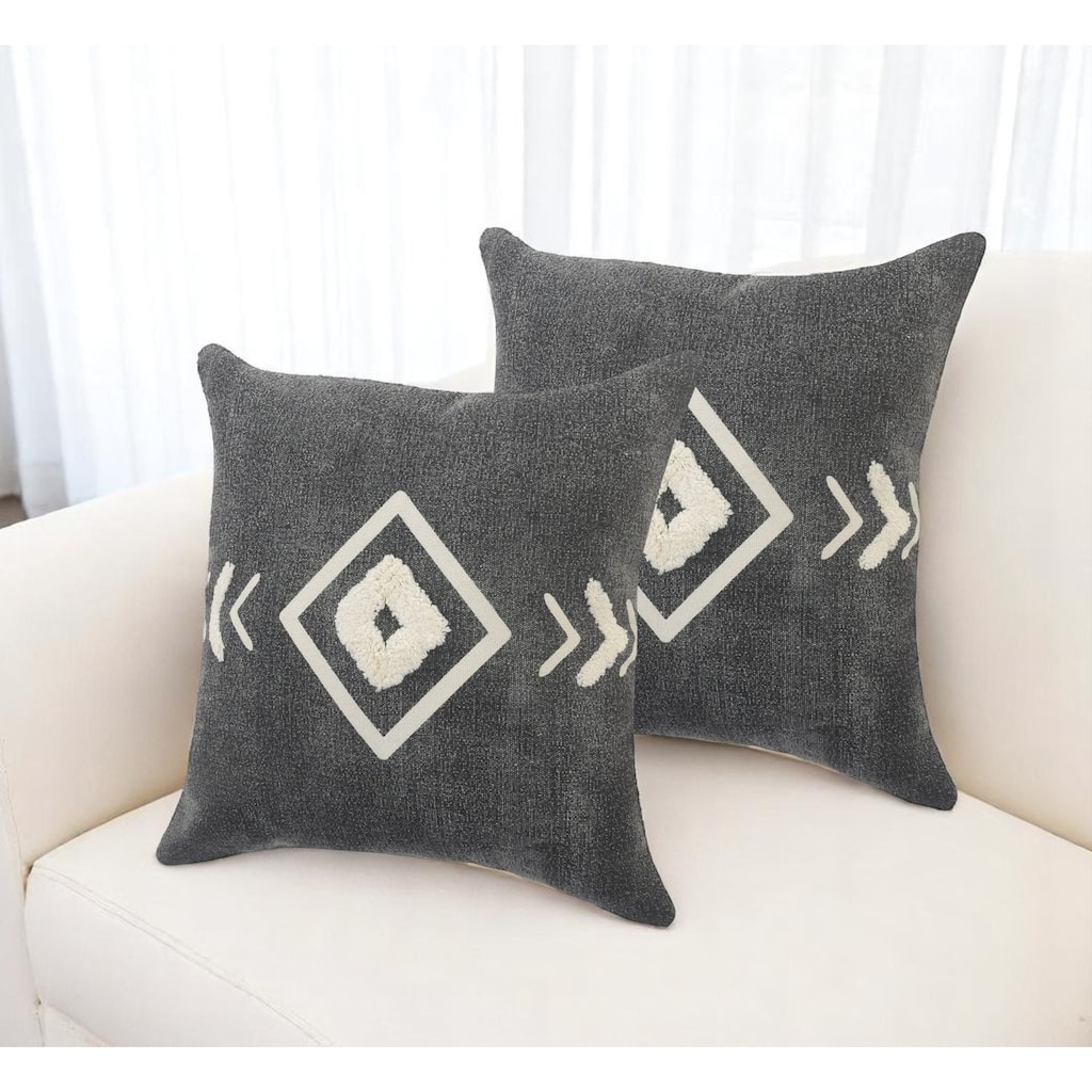 Set of Two 20" Black And White Geometric Cotton Throw Pillows with Texture