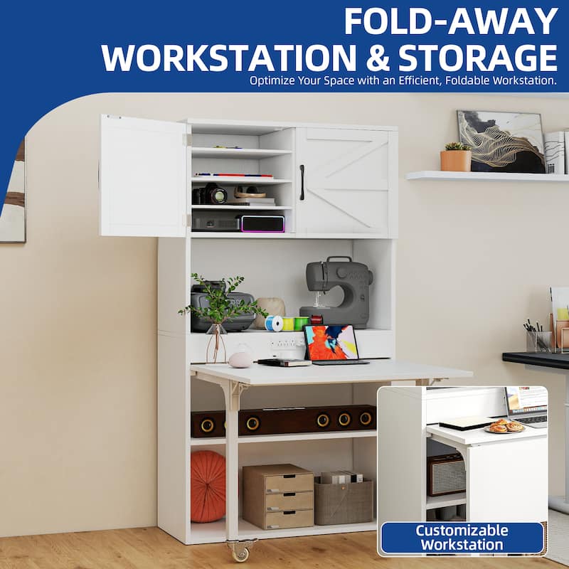 Moasis Expandable Crafting Table with Storage, Artwork Sewing Table with Cabinet and Magnetic Doors & Power Outlets