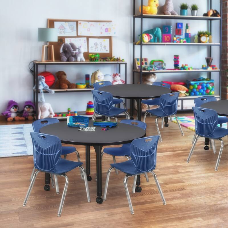 36 in. Round Height Adjustable Classroom Table - Grey & 4 12-in Stack Chairs- Navy Blue