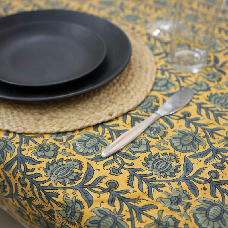 Fabdivine Handmade Block Print Cotton Brown Table Cover or Cloth Dining, Farmhouse & Kitchen Décor