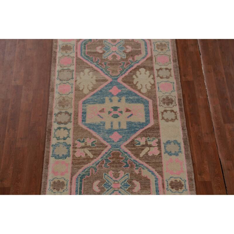 Hand Knotted Oriental 100% Wool Carpet Transitional Geometric Brown Oushak Runner Rug - 16' 1'' X 3' 5''