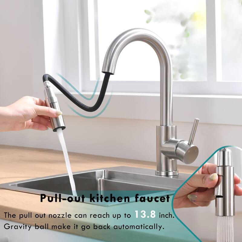 Single Handle Stainless Pull-out Kitchen Faucet with Multifunctional Outlet Water Effect
