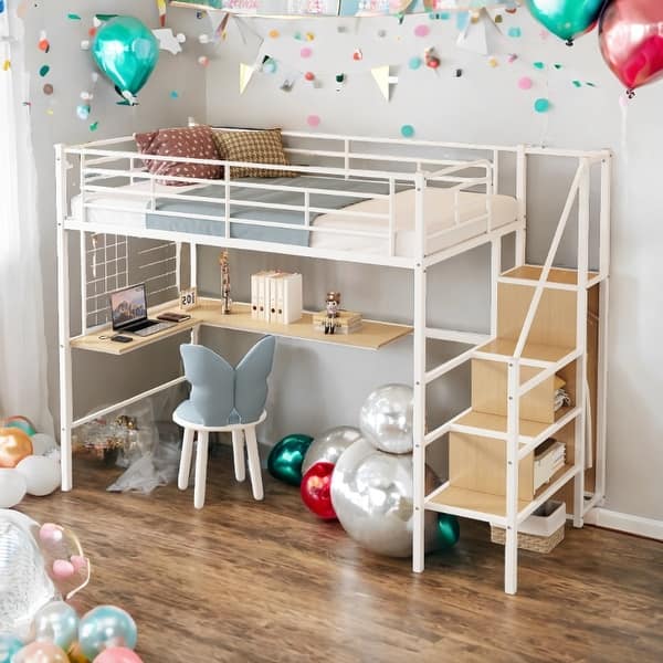 slide 2 of 17, White White Loft Bed with Desk and Storage Wardrobe,Twin Size for Home White