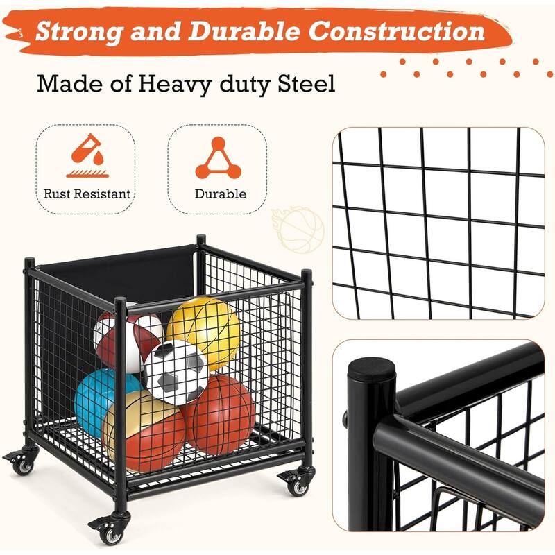 AECOJOY Ball Cart Storage, Rolling Basketball Bin with Wheels for Garage, Indoor & Outdoor