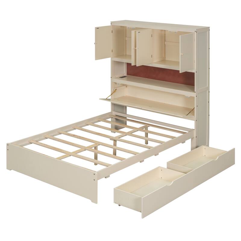 Full Wooden Storage Bed with Flip-Up Headboard & USB Charging