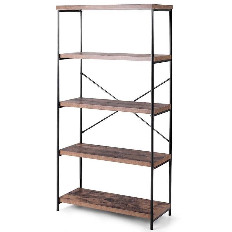 Industrial Metal Wood 5-Tier Bookcase Storage Rack Book Shelf
