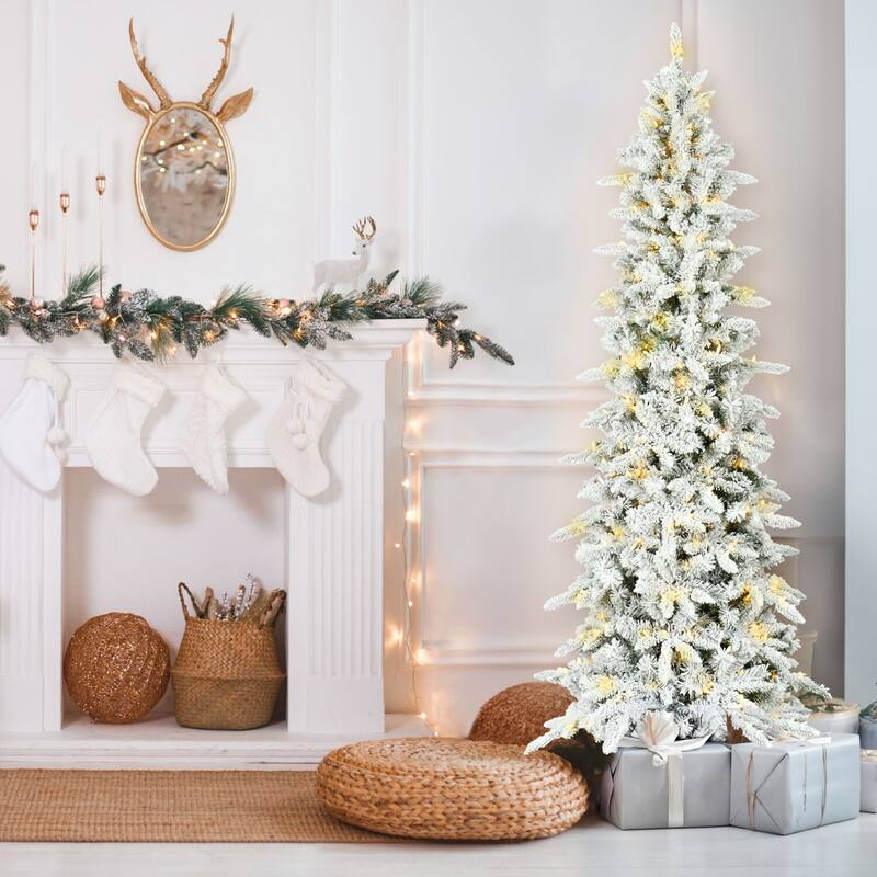 Fraser Hill Farm 6.5-Ft Slim Mountain Pine Flocked Artificial Christmas Tree with Dual Multicolor & Warm White LED Lights