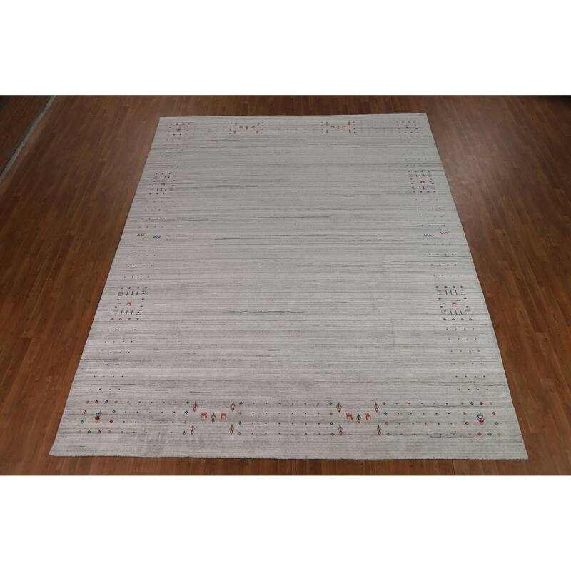 Silver Gray Striped Gabbeh Oriental Area Rug Hand-Knotted Silk Carpet - 9'3" x 11'7"