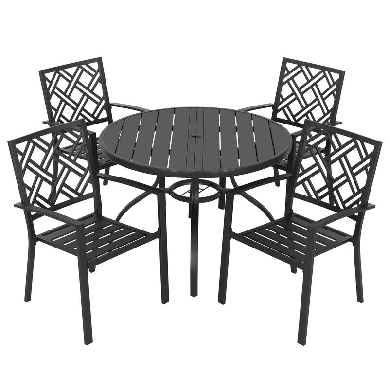 5-Piece Metal Patio Dining Set with Umbrella Hole, Stackable Design