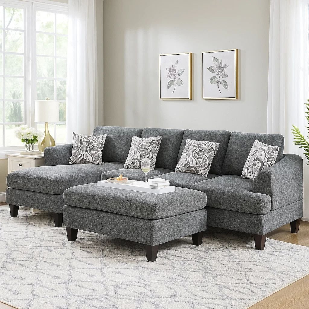 Wood and Fabric Sectional Set with Ottoman, Set of 5, Gray