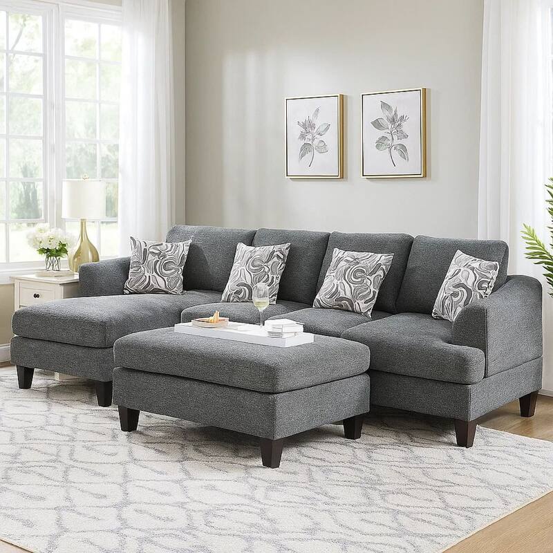 Wood and Fabric Sectional Set with Ottoman, Set of 5, Gray