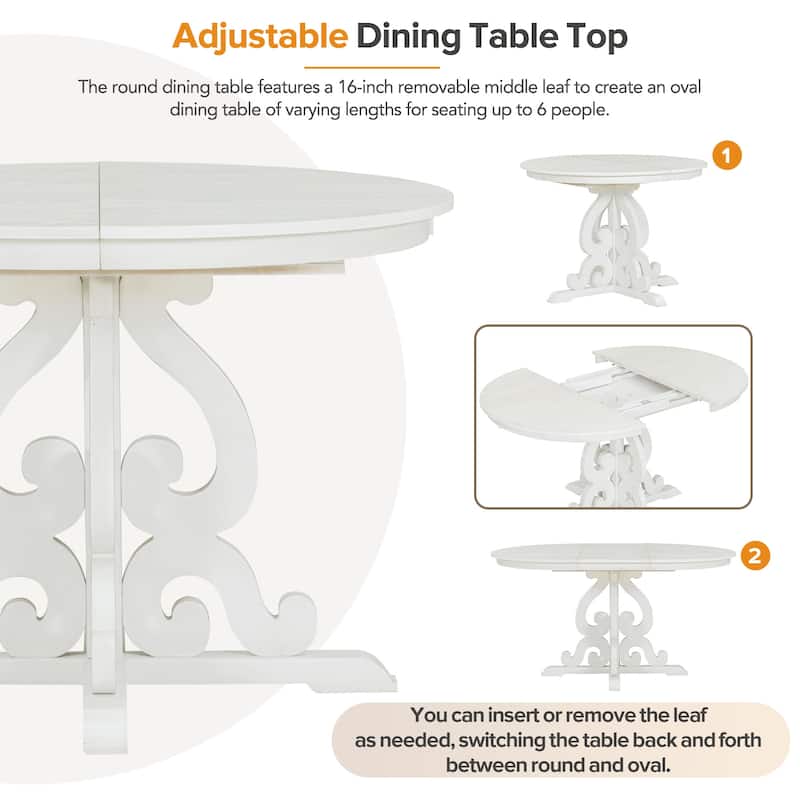 Carved Hollowed Dining Table Legs, 5-Piece Extendable Dining Table Set, Round (42'') to Oval (58''), 4 Linen Cushions Chairs