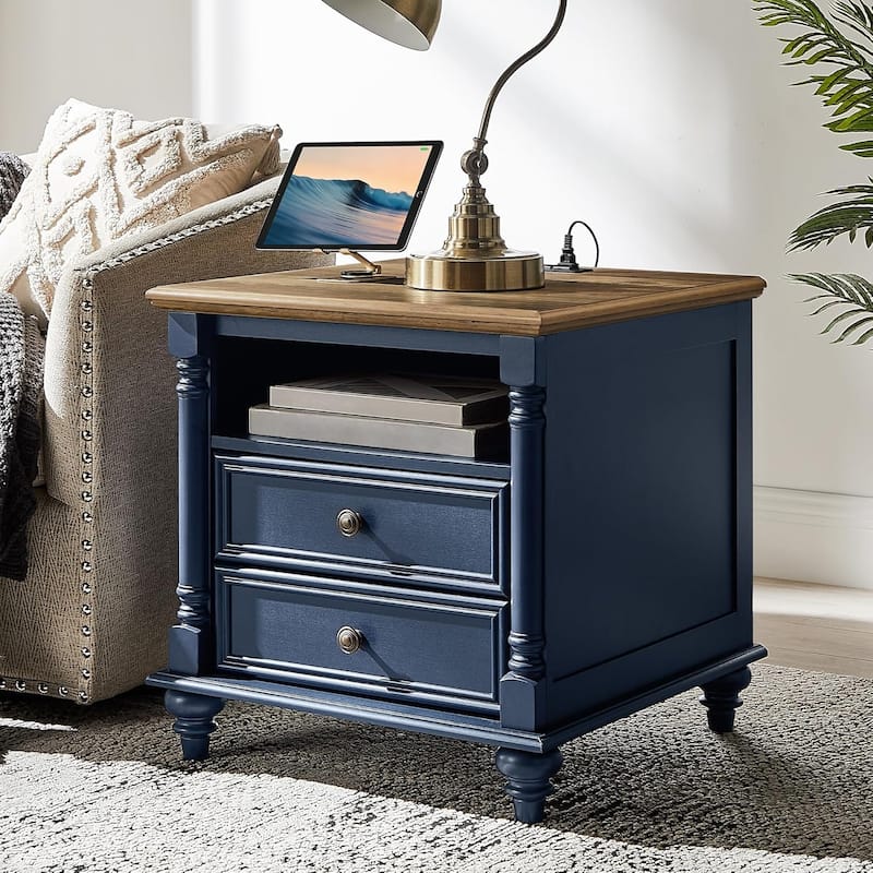 Farmhouse End Table, Sofa Side Table with Charging Station, Nightstand