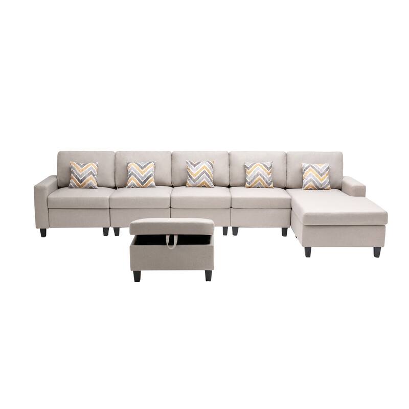 Linen Fabric 6 Piece Reversible Sectional Sofa Chaise with Interchangeable Legs, 5 Pillows and Storage Ottoman in Beige
