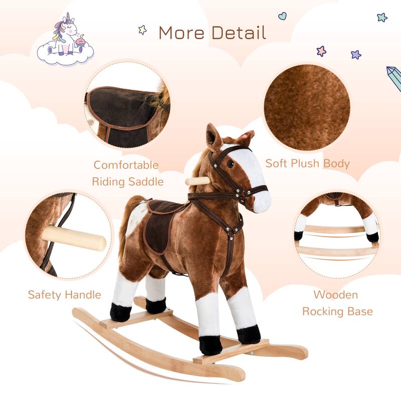 Kids Plush Rocking Horse with Authentic Neigh Sounds, Saddle, and Stirrup for 3-8 Years Old - Comfortable Velvet Fabric