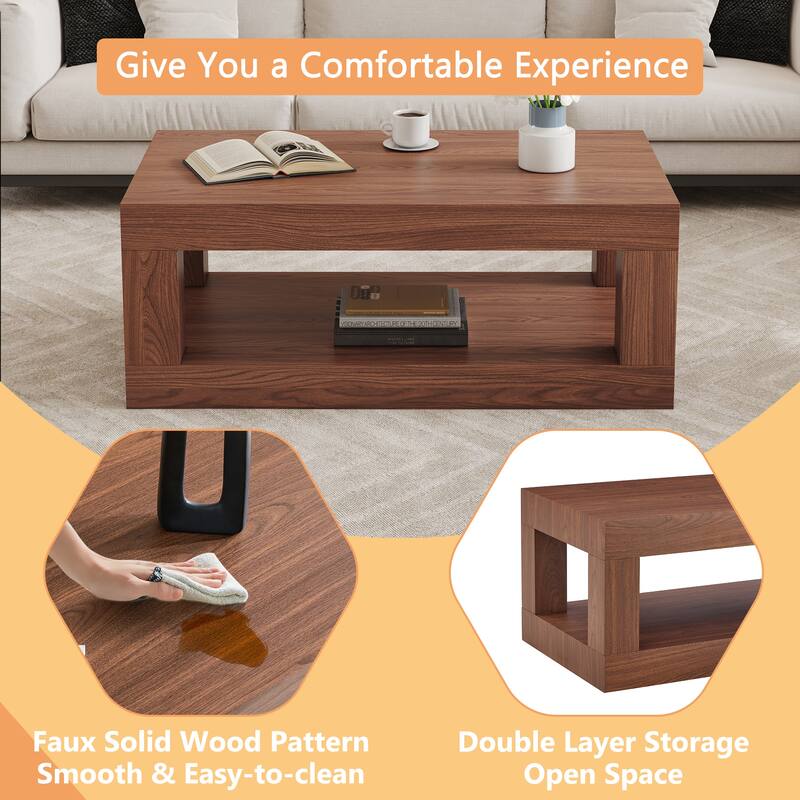 Modern 2-Tier Coffee Table, Rectangular Center Table with Open Storage Shelf, Stable and Durable, Easy Assembly