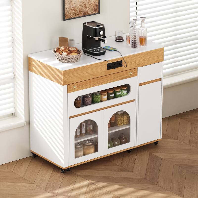 Rolling Kitchen Island with Extendable Table, Drawers, Power Outlet and Brake lock, Storage Cabinet