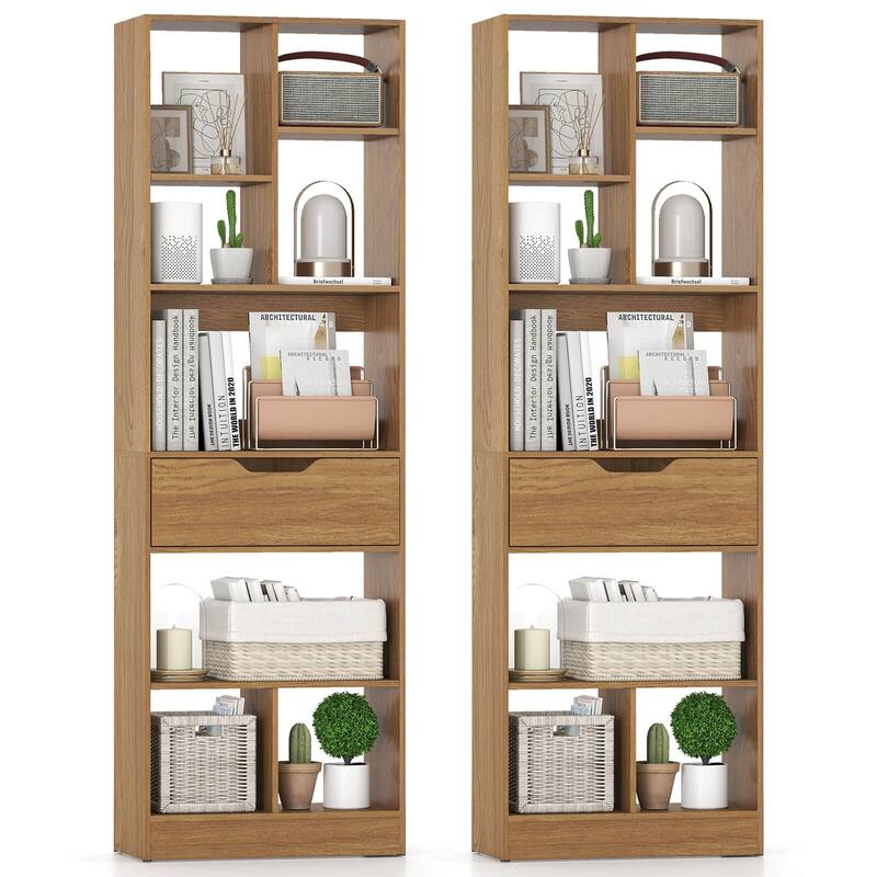 Costway 1/2 PCS 61” Bookcase with Drawer, 8 Open Cubes, Anti-toppling - See Details - Natural-2 PCS