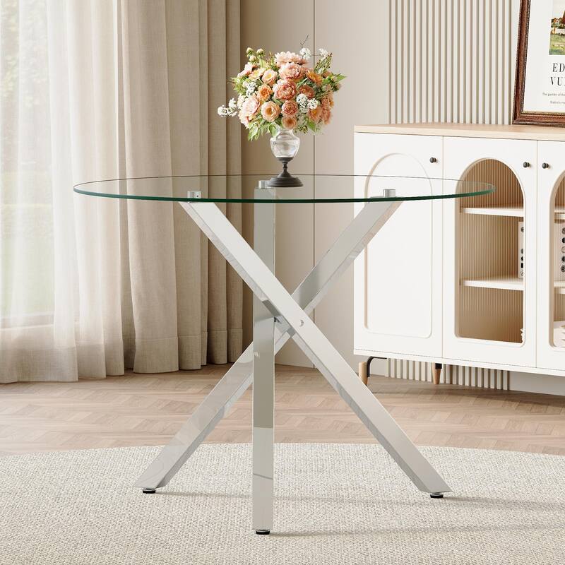 Round glass dining table suitable for 2-4 people diameter 39 inches, height 30 inches, X-shaped silver metal frame