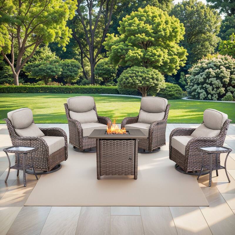Pocassy Outdoor 6" Swivel Chairs with Fire Pit Table - 7 Pieces Swivel Chair Table with Fire Table - Brown Wicker Beige Cushion