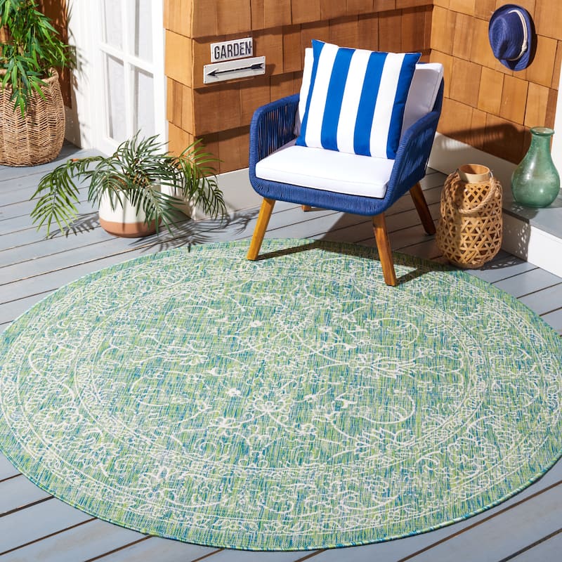 SAFAVIEH Courtyard Aquata Indoor/ Outdoor Waterproof Patio Backyard Rug - 7'10" Round - Green/Ivory