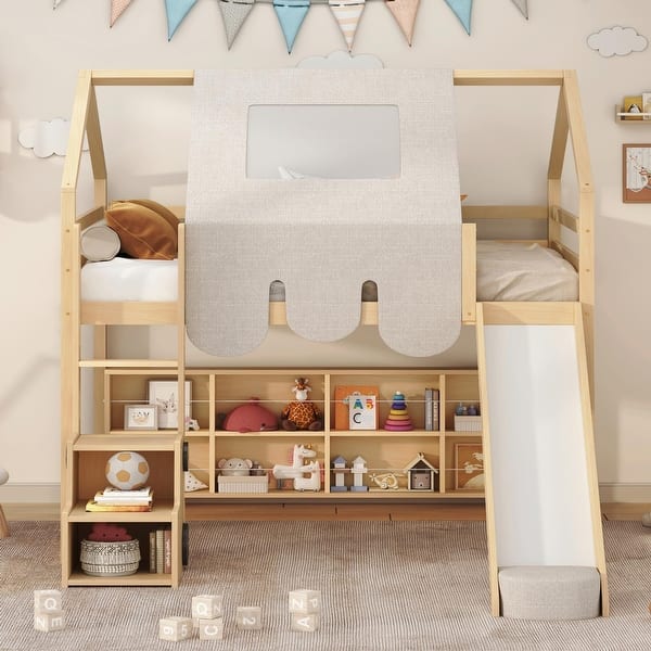 slide 2 of 55, Kids Loft Bed with Slide & Ladder, House-Shaped Frame, Storage Shelves, Twin/Full, Natural/Beige Natural - Full Size