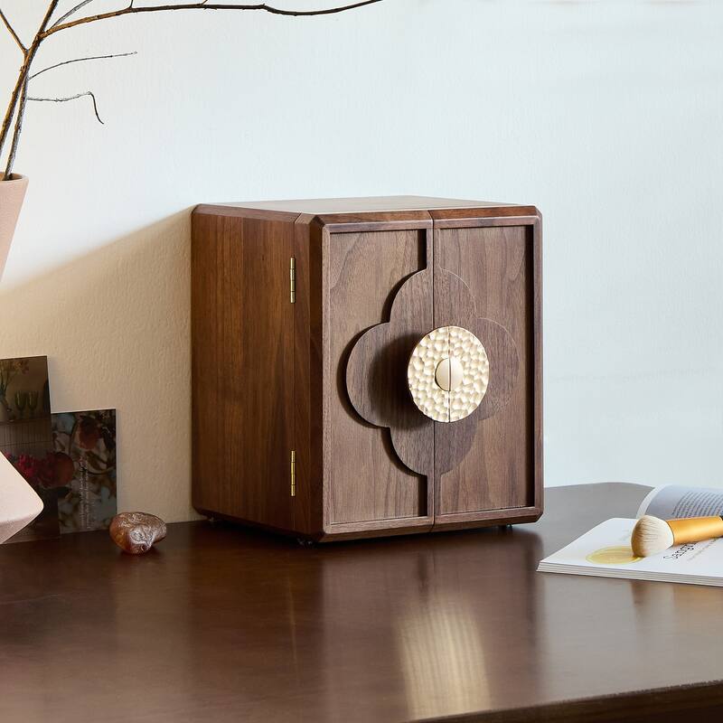 Antique Black Walnut Wooden Jewelry Organizer – 5-Layer Storage Box with Quatrefoil Handle for Rings, Earrings & Bracelets