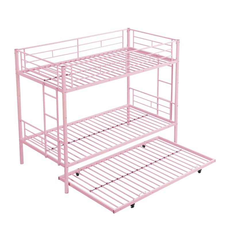 Twin Over Twin Bunk Bed with Trundle, Metal Bunkbeds with Ladder and Full-Length Guardrail, Noise Free, No Box Spring Needed