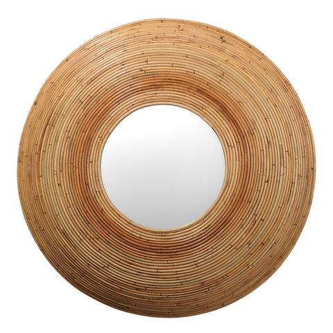 Mirror with Round Woven Rattan Coil Frame, Brown and Silver