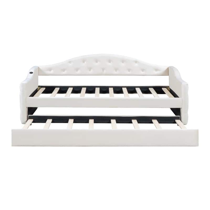 Twin Size Upholstered Daybed with Pop Up Trundle,Velvet Tufted Headboard with Charging Station
